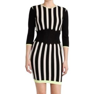 Ted Baker Sz 2 S Black White Row Striped Knit Contrast Lime Green Sweater Dress